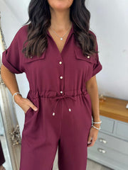 Wine Wide Leg Collared Jumpsuit Carrie