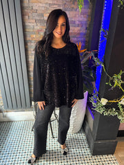 Black Velour Sequin Panel Top Raven
