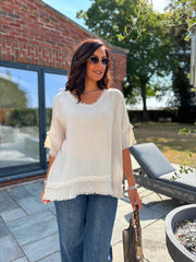 Stone Frayed Detail V Neck Top River
