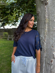 Navy Lace Sleeve Fine Knit Becca