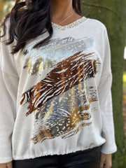 Winter White Chenille Leopard V Neck Sweatshirt Elle