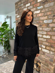 Black Premium Faux Feather Trouser Set Teya