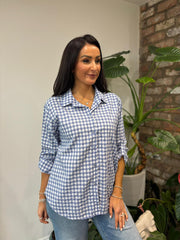 Denim Button Sleeve Gingham Blouse Opal