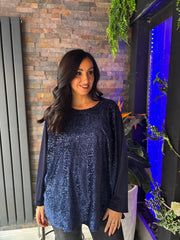 Navy Velour Sequin Panel Top Aurora