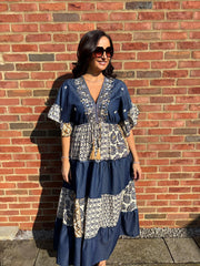 Dark Denim Tiered Floral Kaftan Roxie