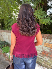 Wine Fringed Knit Vest Amara