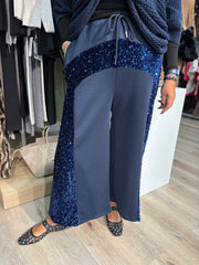 Navy Cropped Sequin Panel Wide Leg Trousers