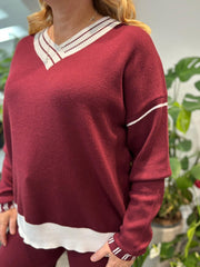 Wine Striped V Neck Sweater Set Pam