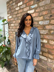 Denim Ruffle Frill Blouse Dionne