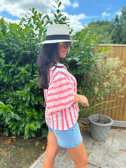 Neon Pink Puff Sleeve Striped Top Erin