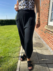 Black Bubble Cotton Barrel Leg Trousers