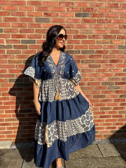 Dark Denim Tiered Floral Kaftan Roxie