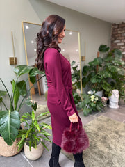 Wine Tie Waist Knit Dress Flora