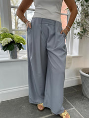 Grey Tailored Wide Leg Pleat Trousers