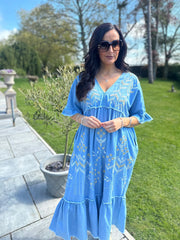 Denim Embroidered Kimono Maxi Dress Flora
