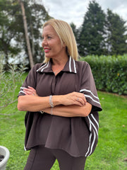 Chocolate Stripe Detail Button Top Leona
