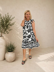 Black Leaf Print Tie Shoulder Dress Leigh