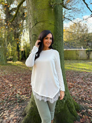 Winter White Ruched Lace Trim Top Janet