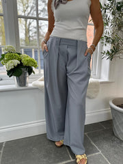 Grey Tailored Wide Leg Pleat Trousers
