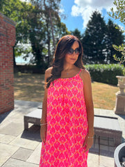 Neon Pink Retro Print Bubble Cotton Dress Athena