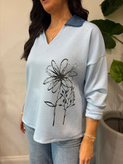 Light Blue Collared Flower Sweatshirt Angel