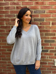 Grey Diamante V Neck Knit Tori