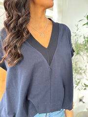 Navy Gathered Hem V Neck Top Willa