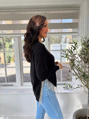 Black Asymmetric Fringed Sparkled Sweatshirt Millie