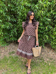 Chocolate Polka Dot Frill Sleeve Top Bailey