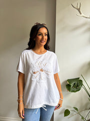 White Textured Sequin Flower Tee Fiona