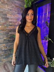 Black Lace Trim Diamante Vest Amber