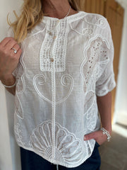 White Embroidered Button Top Dianne