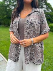 Mocha Bubble Cotton Paisley Short Sleeve Shirt Jackie