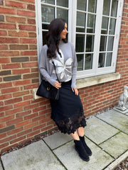 Black Floral Applique Knit Skirt Dina