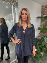 Navy Shimmer Brooch Top Indy