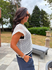 White Eyelet Crochet Sleeveless Jacket Sharon