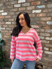Baby Pink Striped V Neck Sweater Ezra