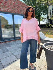 Pink Frayed Detail V Neck Top River