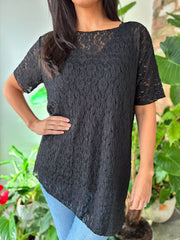 Black Textured Asymmetric Mesh Top Suzette