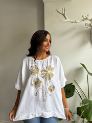 White Metaillic Flower Print Top Lila
