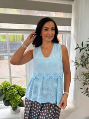 Blue Embroidered Floral Vest Piper