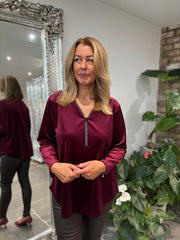 Wine Velour Diamante Zip Top Cassie