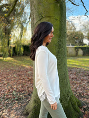 Winter White Ruched Lace Trim Top Janet