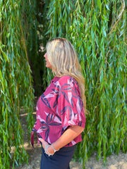 Wine Sketched Leaf Tie Front Blouse Brielle