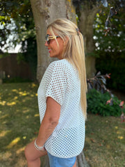White Gold Trim Open Knit Top Karen