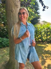 Denim Blue Coral Print Blouse Stacey
