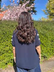 Navy Applique Floral Crepe Top Astra