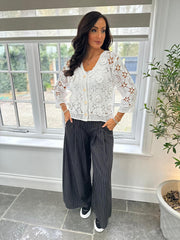 Black Tailored Wide Leg Pinstripe Trousers