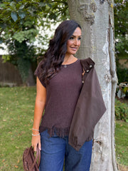 Chocolate Fringed Knit Vest Amara