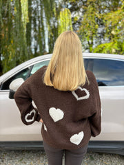Chocolate & White Heart Knit Cardigan Denise